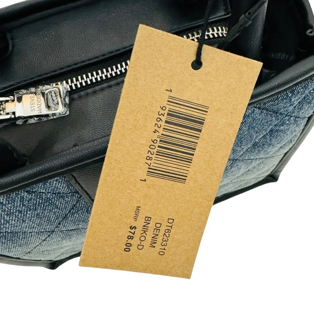 Steve Madden‎ Bniko Quilted Crossbody Shoulder Bag Denim Blue Black Guitar Strap